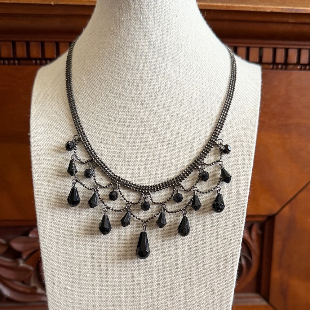 Victorian Style Festoon Necklace with Black Teardrop Beads and Gunmetal Tone